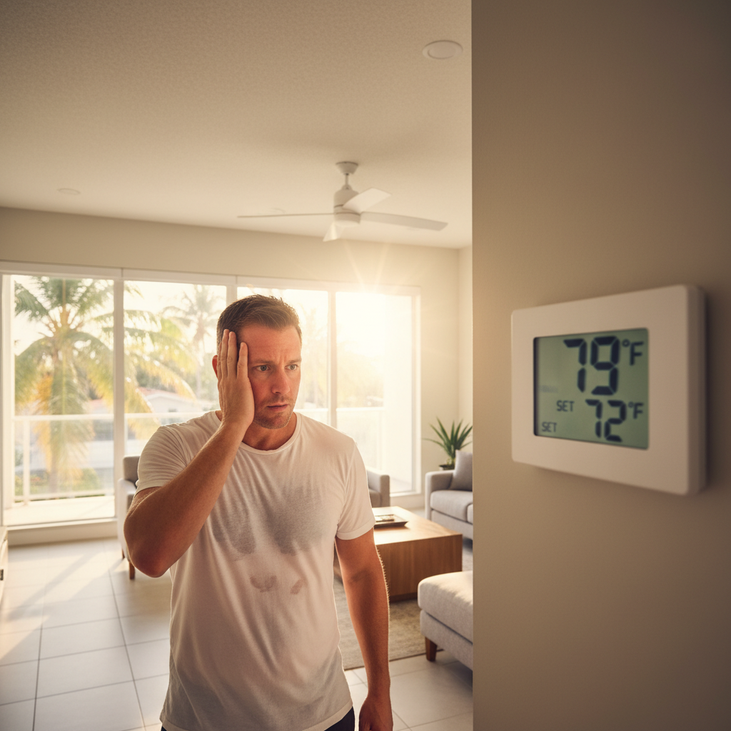 Frustrated Miami homeowner looking at thermostat reading 79°F while the AC runs all day during the early April heat wave