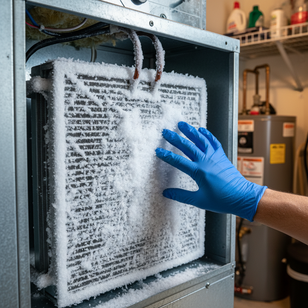 Frozen evaporator coil covered in ice inside a Miami home AC air handler — a sign your AC needs a licensed HVAC technician