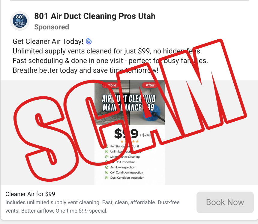 Meta Ads Library listing showing 801 Air Duct Pros $99 creative ad