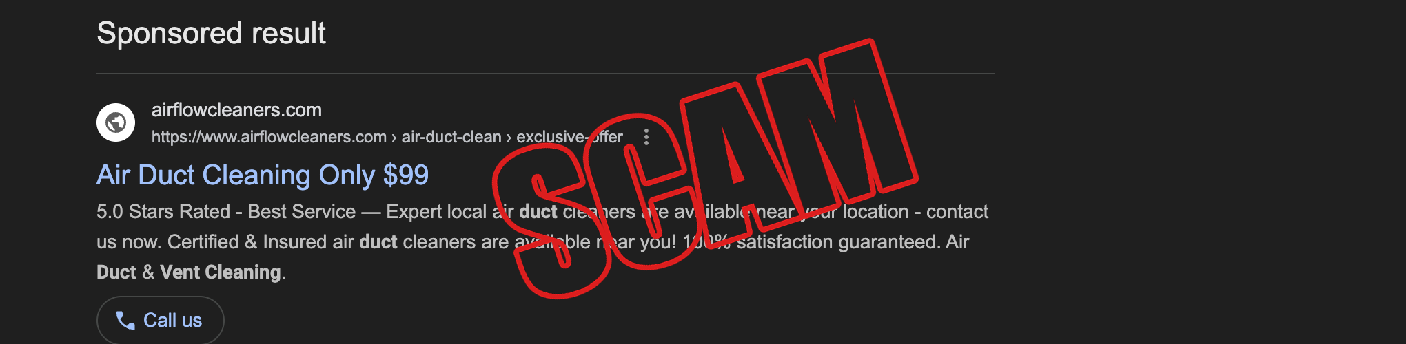Google search result showing a $99 air duct cleaning paid ad pattern from airflowcleaners.com