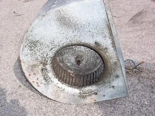 Dirty AC blower wheel removed for cleaning — dust and debris buildup