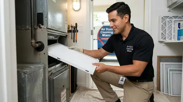 AC cleaning technician replacing air filter during service in Hialeah FL