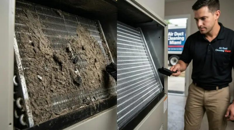 Before and after air duct cleaning showing dramatic improvement in air quality