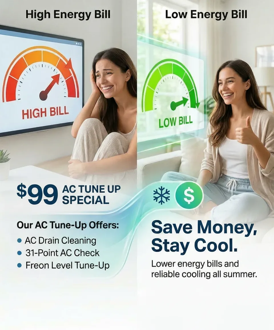 $99 AC Tune-Up Special — High bill vs Low bill comparison. Includes AC drain cleaning, 31-point check, and Freon level tune-up. Air Duct Cleaning Miami.