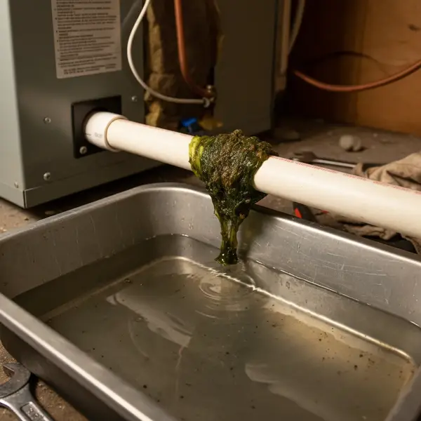 Clogged AC drain line with algae causing water backup