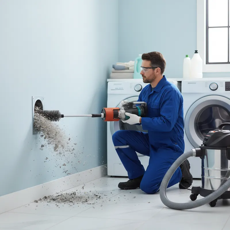 HVAC technician using rotating brush to clean dryer vent