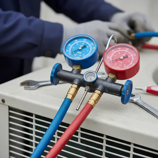 AC freon gauge showing low refrigerant levels before tune-up