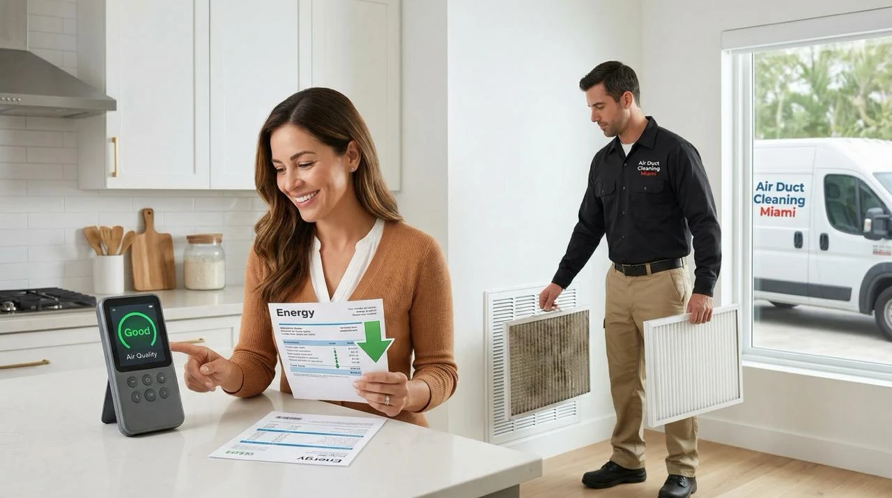 Happy Miami homeowner smiling in her kitchen with her energy bill going down and an air quality monitor showing 'Good' — Air Duct Cleaning Miami technician in the background holding a dirty and clean filter, branded service van visible through the window