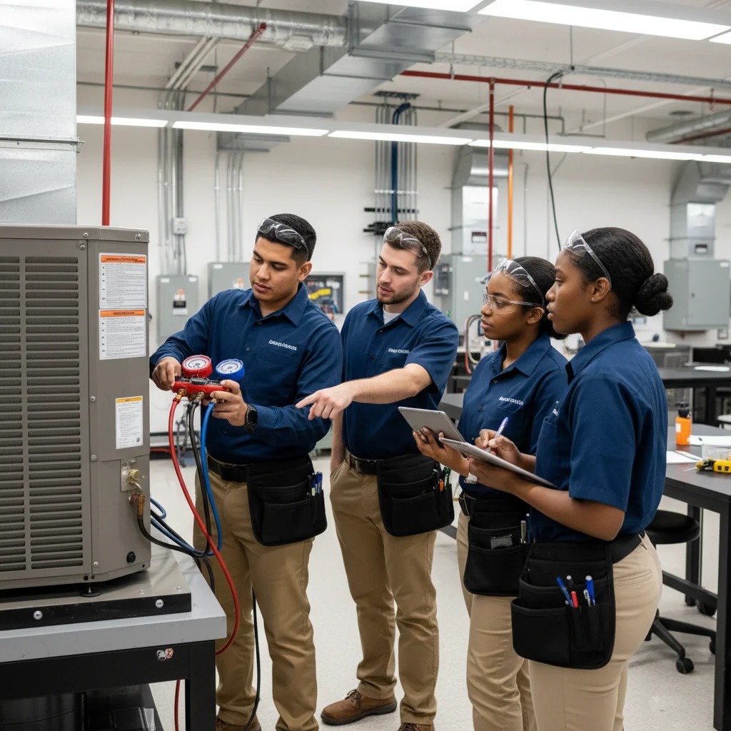 Young HVAC trade school students in a Miami-area technical training lab — the next generation of licensed Florida HVAC contractors learning their craft
