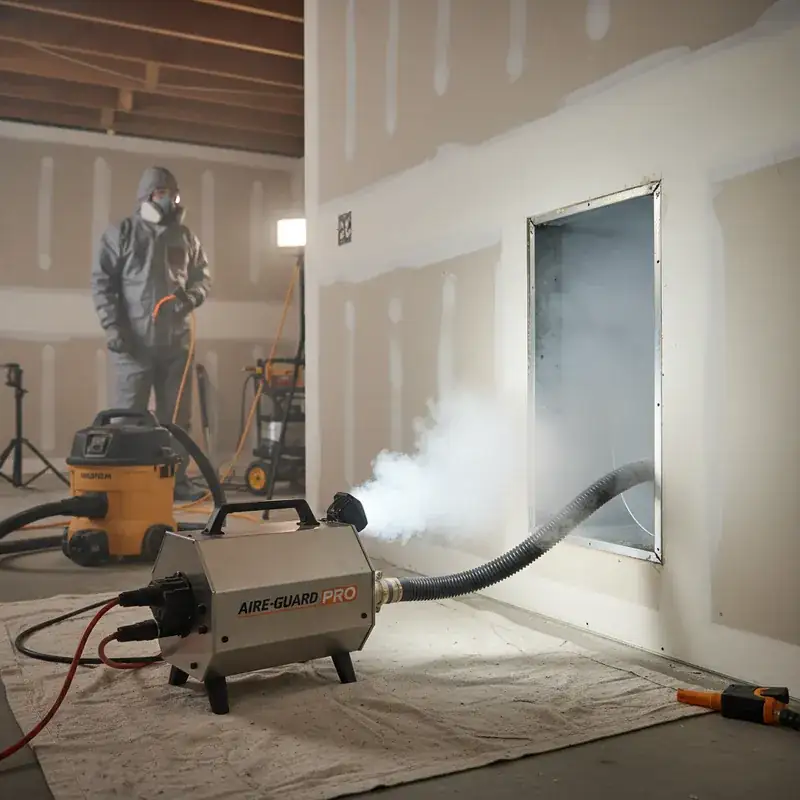 Professional fog machine spraying BioFresh mold treatment into air duct in Weston FL