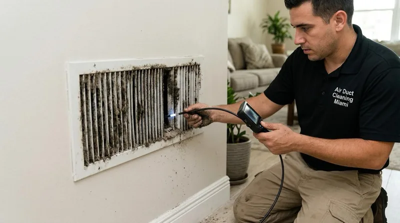 Watch mold remediation video — tech with camera inspecting mold in duct — hidden mold in air ducts, Bio Aid treatment — Air Duct Cleaning Miami