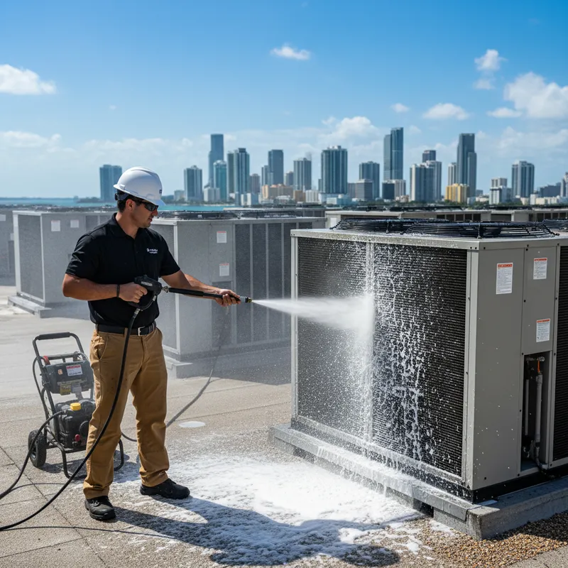 HVAC technician power washing commercial rooftop AC unit coil in Miami